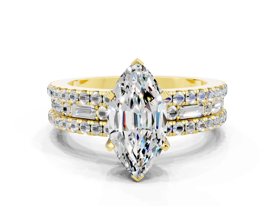 Yellow gold Marquise Cut Moissanite Solitaire Ring with Pavé and Channel Set Band