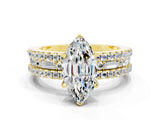 Yellow gold Marquise Cut Moissanite Solitaire Ring with Pavé and Channel Set Band