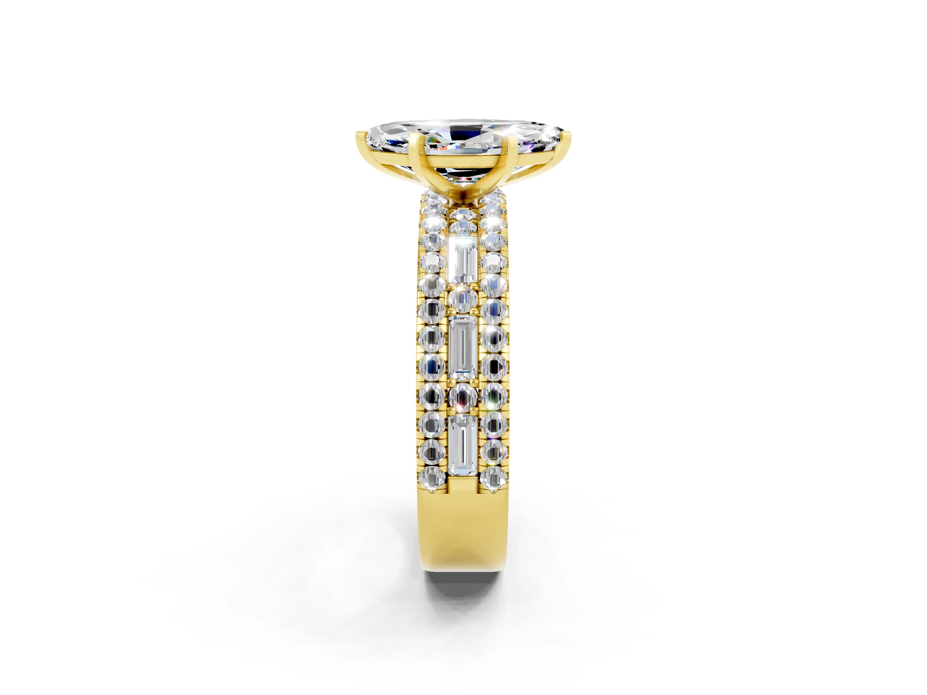 Yellow gold Marquise Cut Moissanite Solitaire Ring with Pavé and Channel Set Band_2
