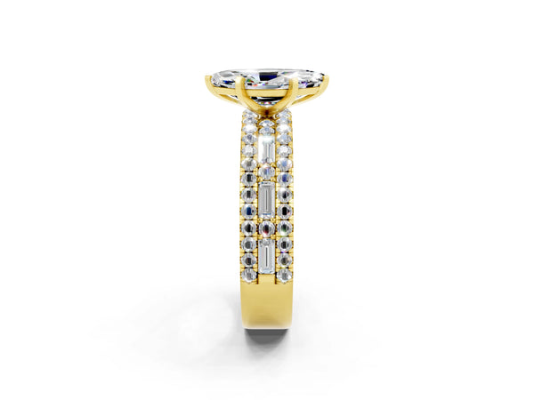 Yellow gold Marquise Cut Moissanite Solitaire Ring with Pavé and Channel Set Band