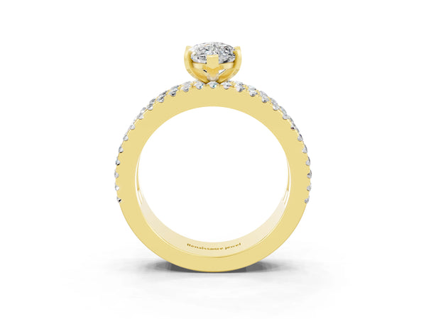 Yellow gold Marquise Cut Moissanite Solitaire Ring with Pavé and Channel Set Band