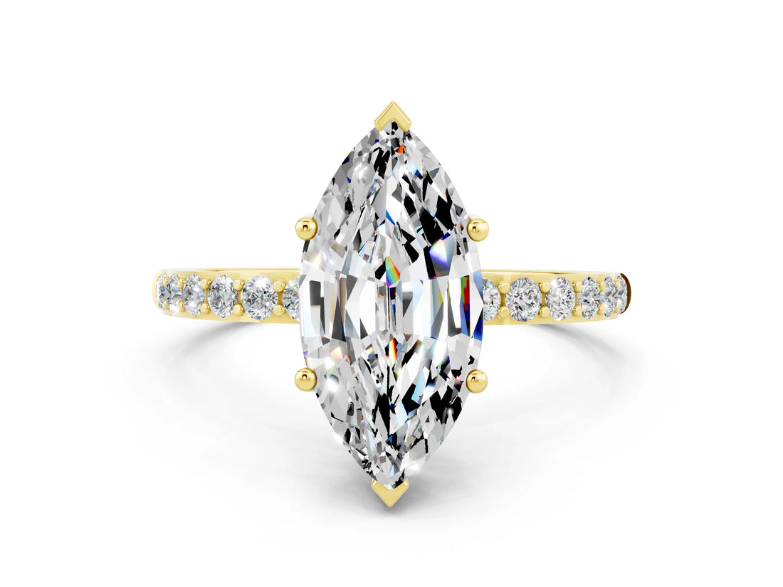 Yellow gold Marquise Cut Moissanite Solitaire Ring with Pave Band and Four Prong Setting