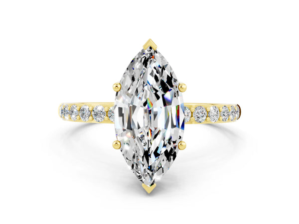Yellow gold Marquise Cut Moissanite Solitaire Ring with Round  Pavé Band and Prong Setting
