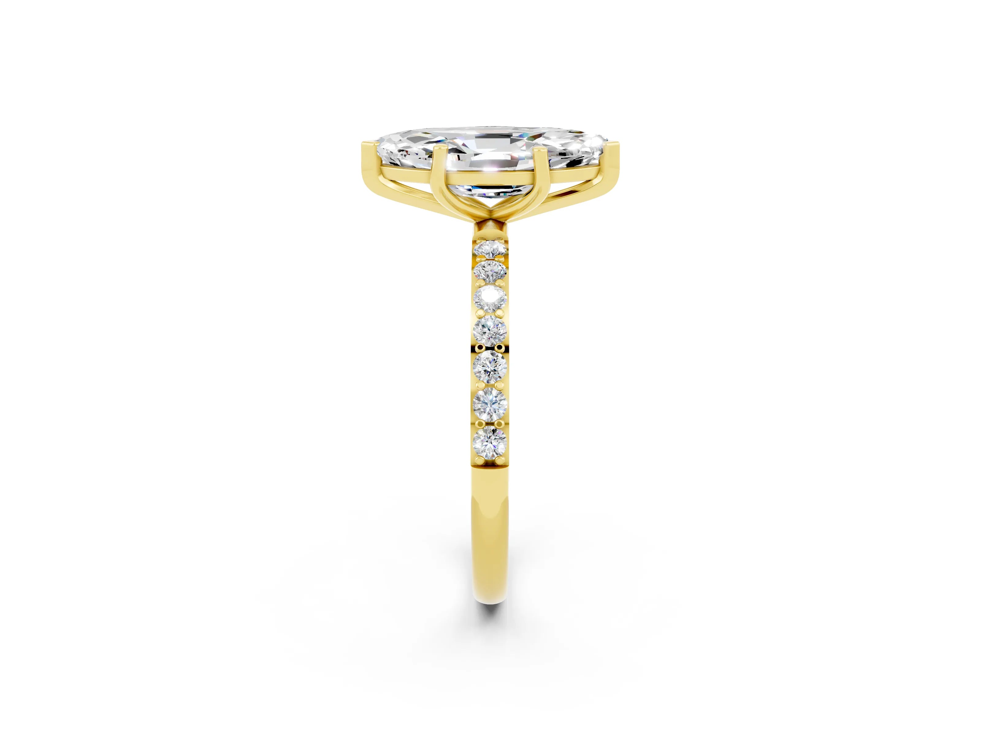Yellow gold Marquise Cut Moissanite Solitaire Ring with Pave Band and Four Prong Setting_2