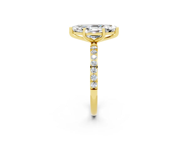 Yellow gold Marquise Cut Moissanite Solitaire Ring with Round  Pavé Band and Prong Setting
