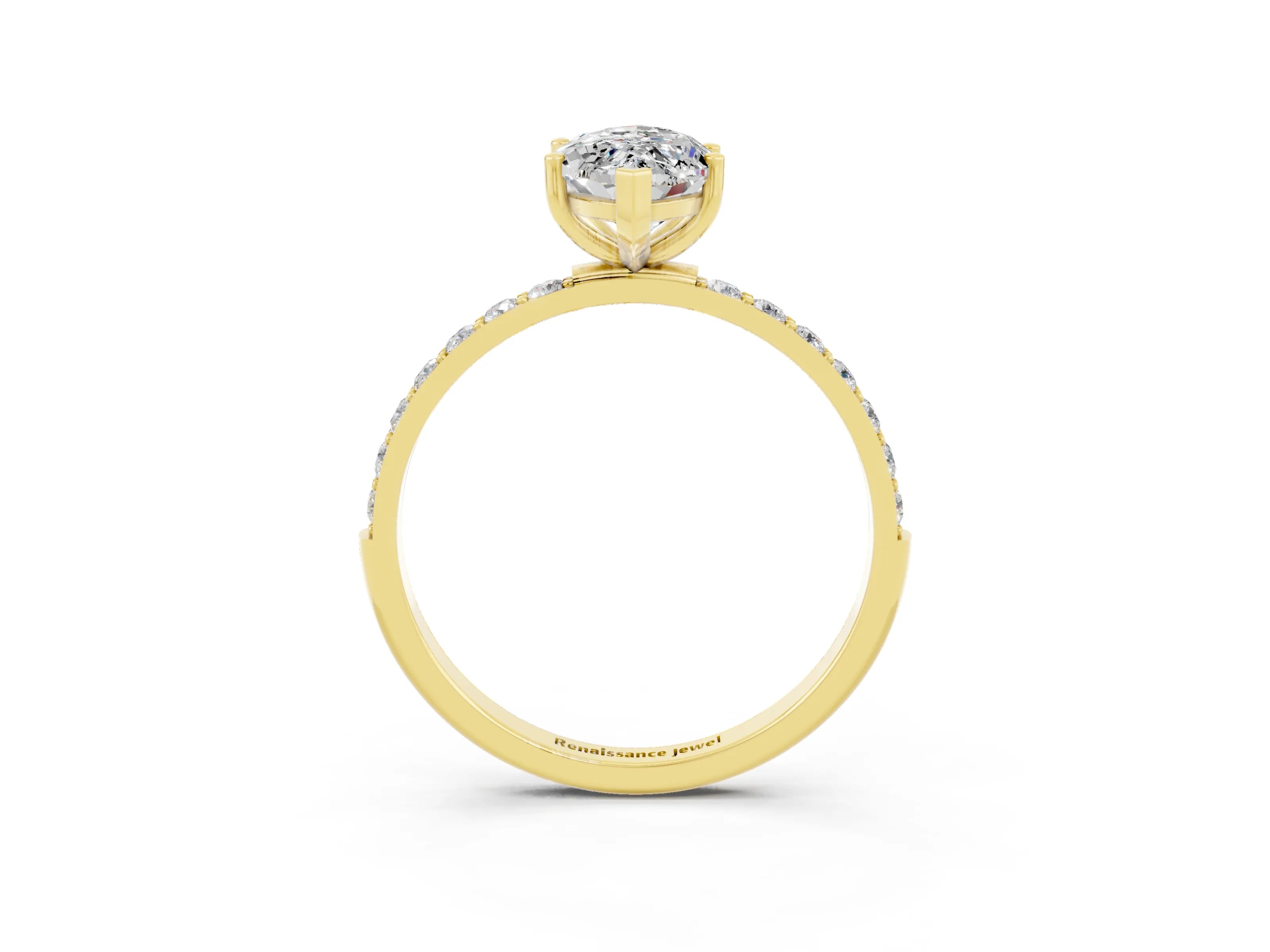 Yellow gold Marquise Cut Moissanite Solitaire Ring with Pave Band and Four Prong Setting_3