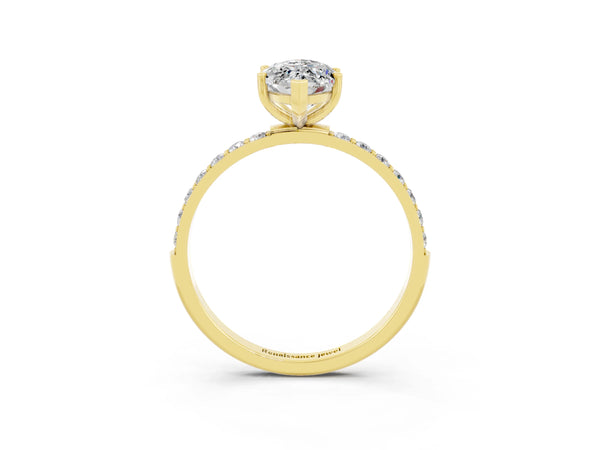 Yellow gold Marquise Cut Moissanite Solitaire Ring with Round  Pavé Band and Prong Setting