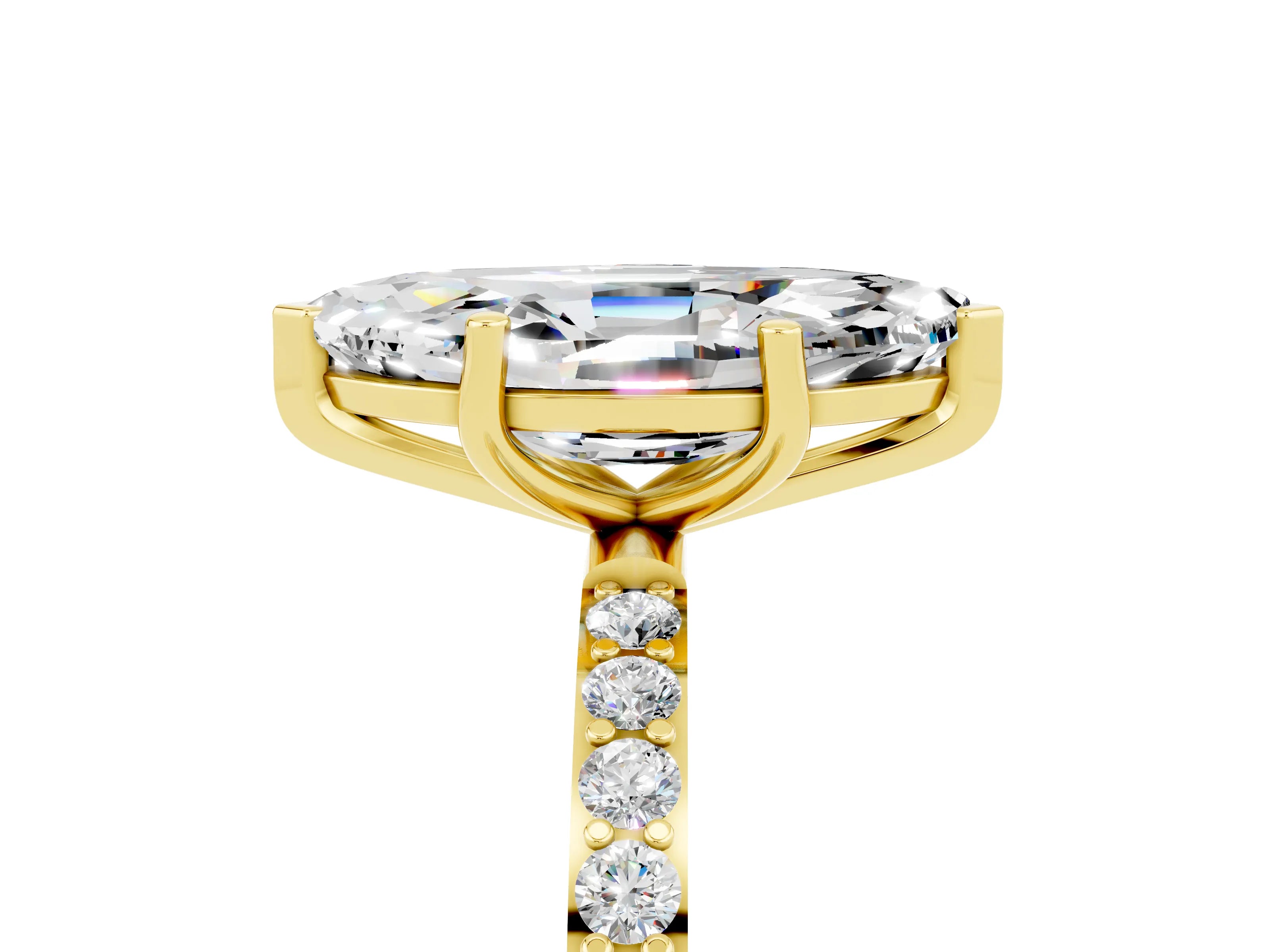 Yellow gold Marquise Cut Moissanite Solitaire Ring with Pave Band and Four Prong Setting_5
