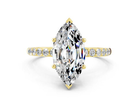Yellow gold Marquise Cut Moissanite Solitaire Ring with Pave Band and Four Prong Setting