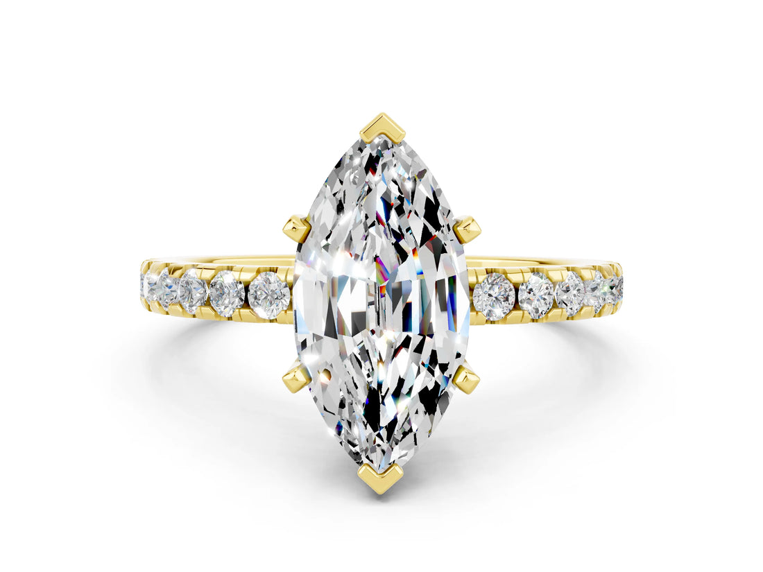 Yellow gold Marquise Cut Moissanite Solitaire Ring with Round  Pavé Band and Four-Prong Setting_36