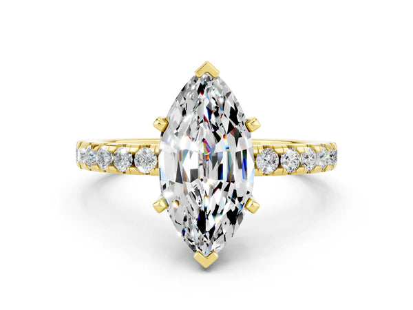Yellow gold Marquise Cut Moissanite Solitaire Ring with Round Pavé Band and Four-Prong Setting