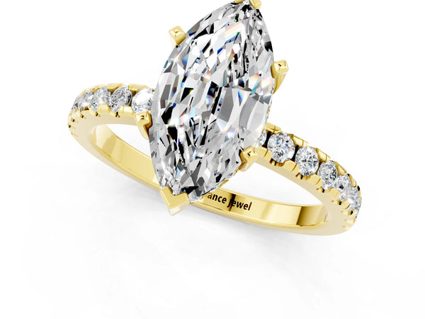 Yellow gold Marquise Cut Moissanite Solitaire Ring with Round Pavé Band and Four-Prong Setting