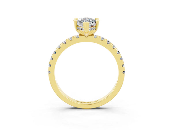 Yellow gold Marquise Cut Moissanite Solitaire Ring with Round Pavé Band and Four-Prong Setting