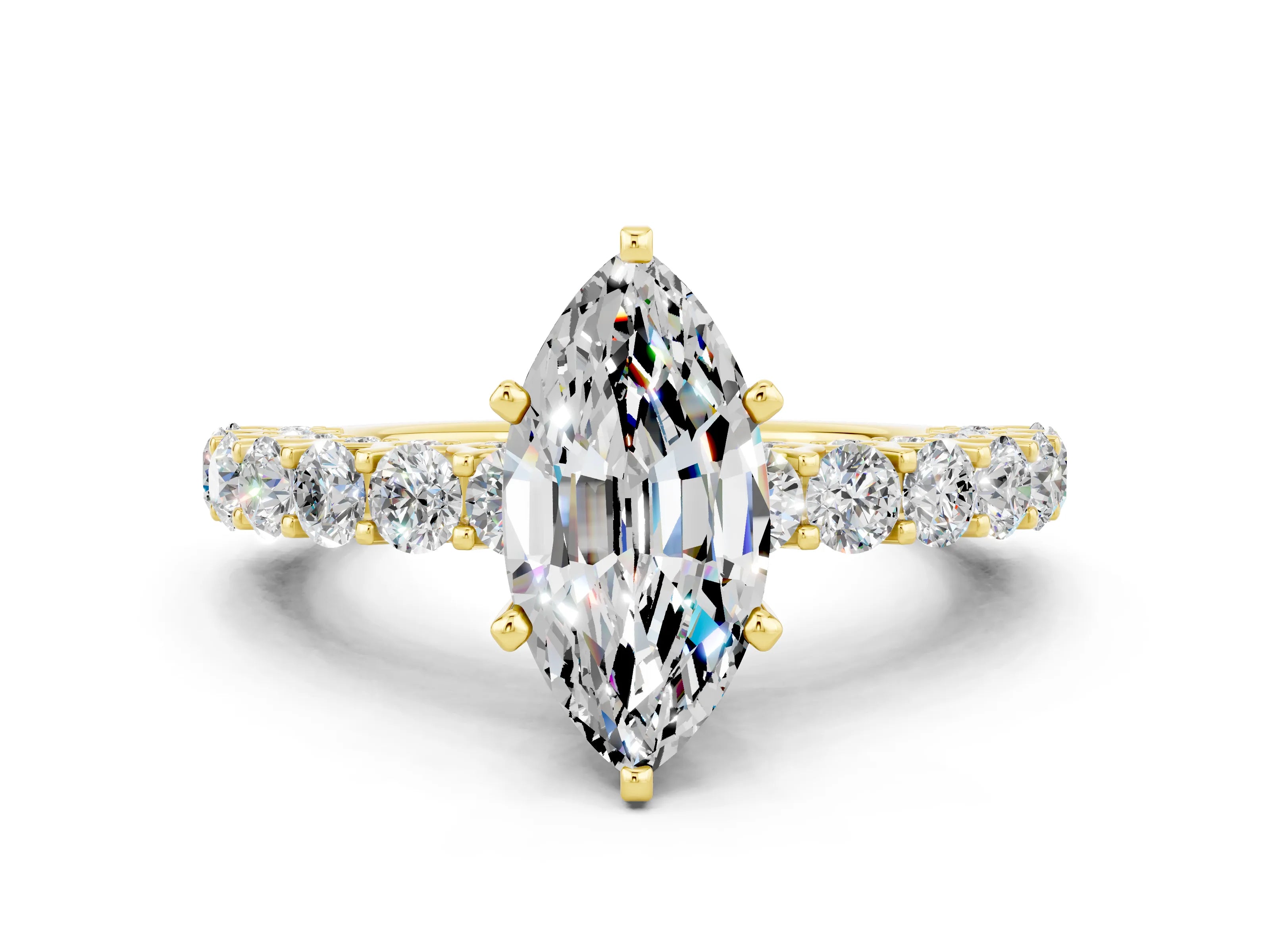 Yellow gold Marquise Cut Moissanite Solitaire Ring with Shared Prong Pavé Band and Four-Prong Setting