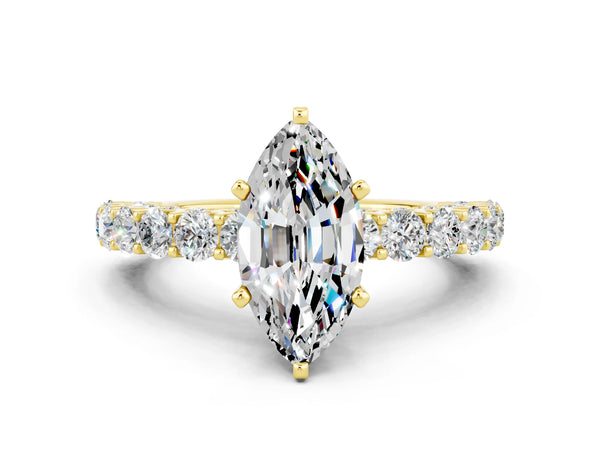 Yellow gold Marquise Cut Moissanite Solitaire Ring with Shared Prong Pavé Band and Four-Prong Setting
