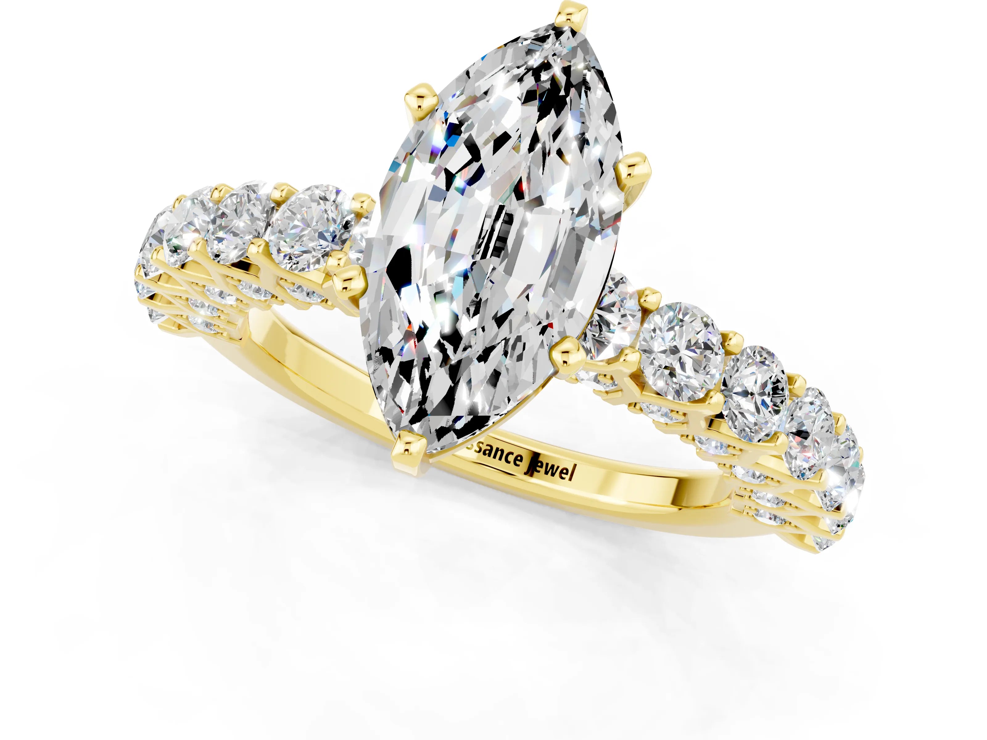 Yellow gold Marquise Cut Moissanite Solitaire Ring with Shared Prong Pavé Band and Four-Prong Setting_1