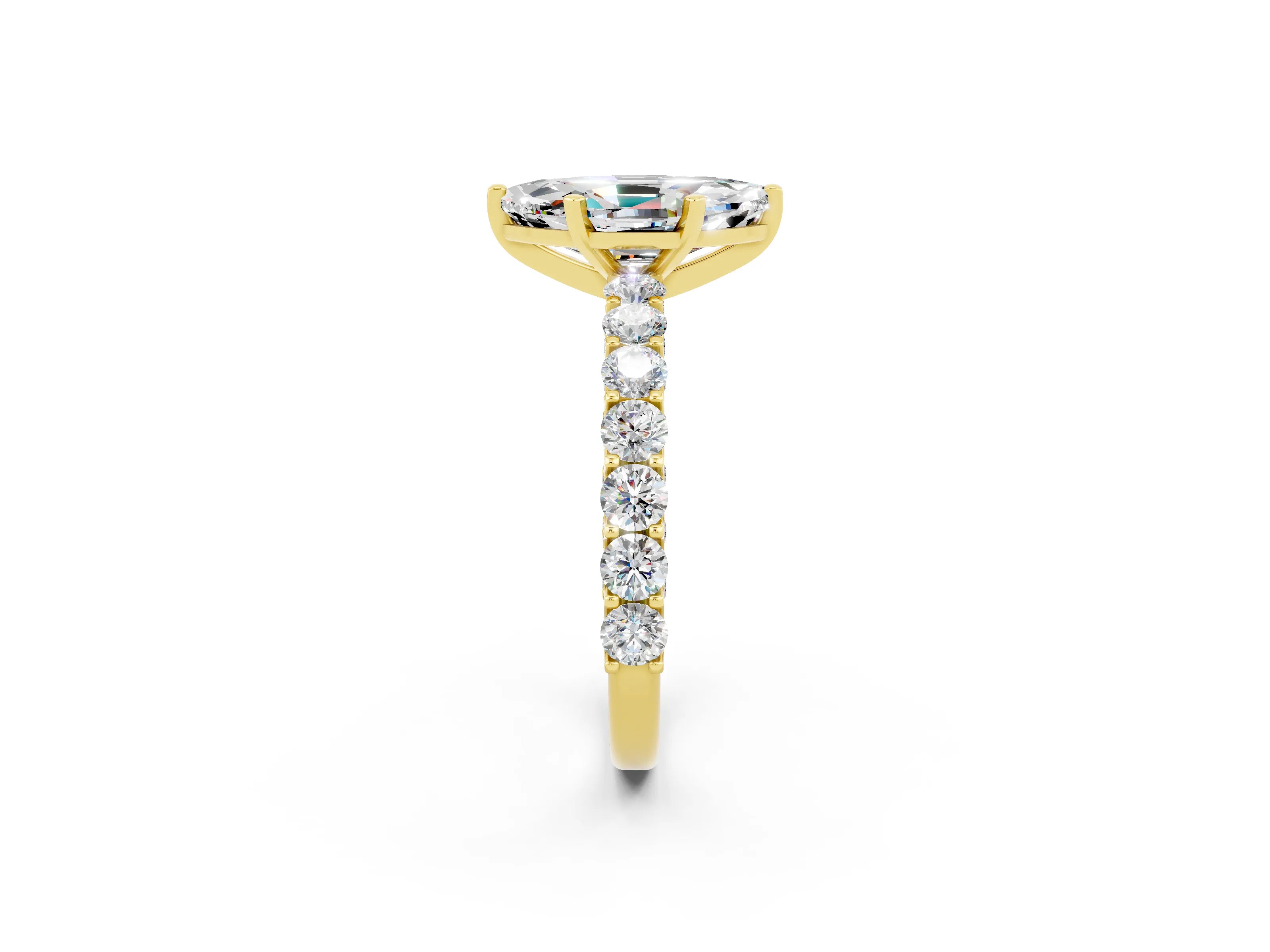 Yellow gold Marquise Cut Moissanite Solitaire Ring with Shared Prong Pavé Band and Four-Prong Setting_2