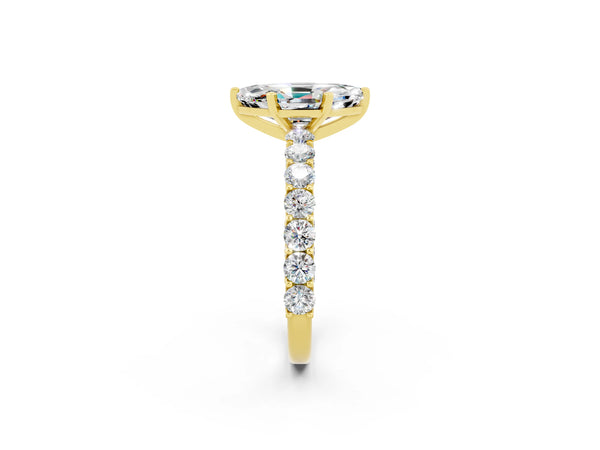 Yellow gold Marquise Cut Moissanite Solitaire Ring with Shared Prong Pavé Band and Four-Prong Setting