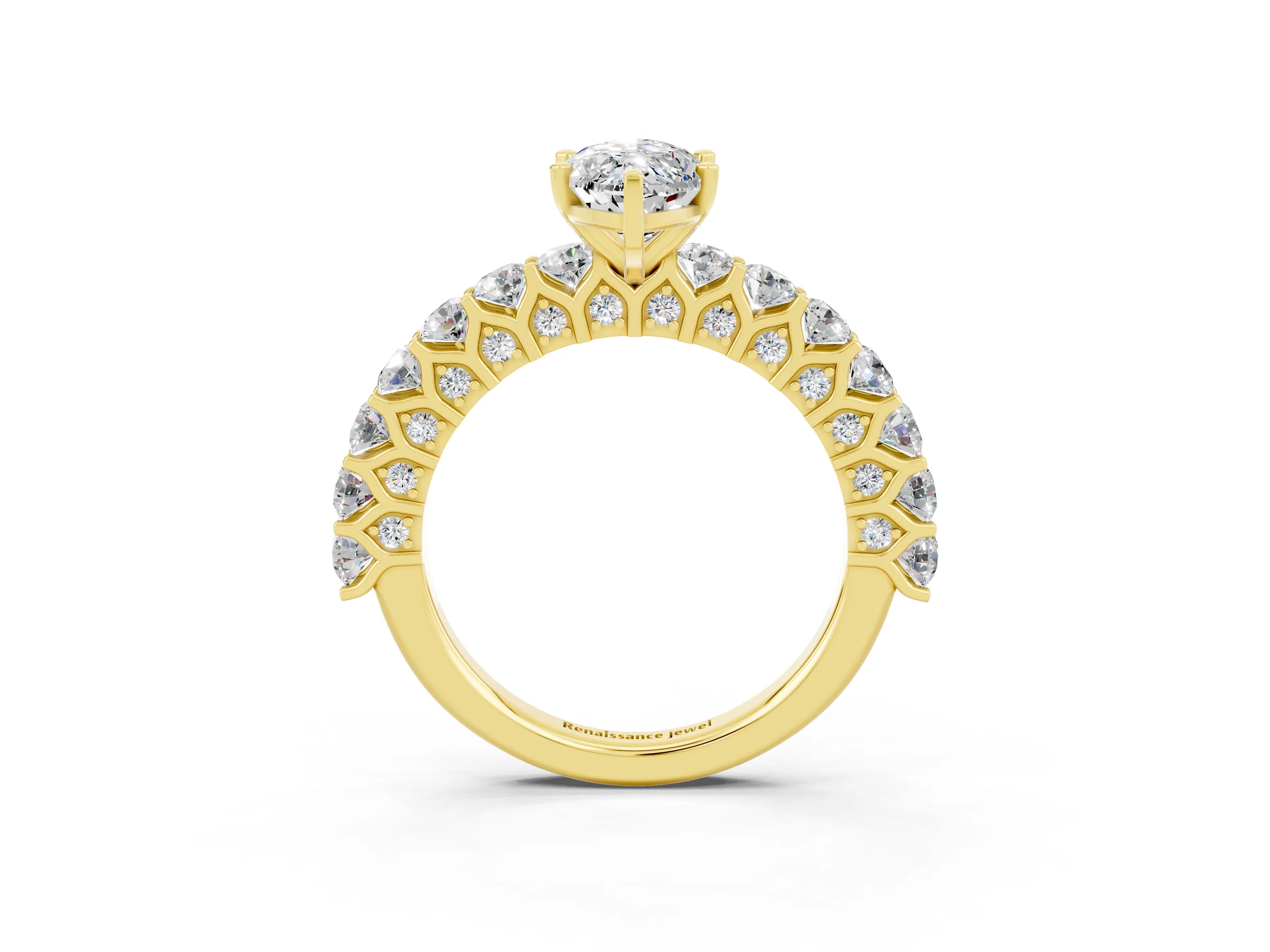 Yellow gold Marquise Cut Moissanite Solitaire Ring with Shared Prong Pavé Band and Four-Prong Setting_3