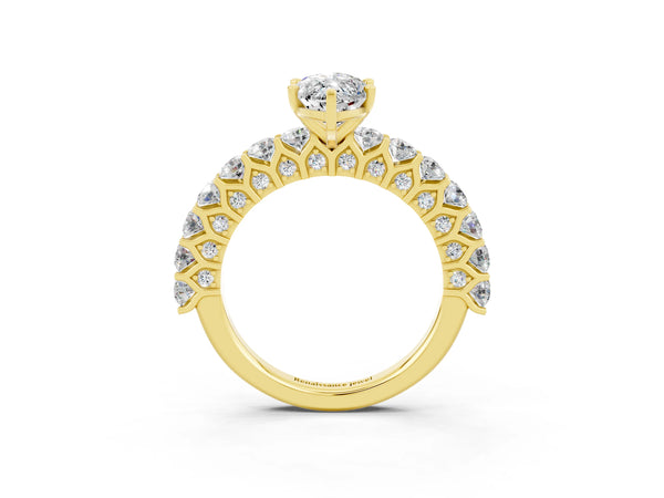 Yellow gold Marquise Cut Moissanite Solitaire Ring with Shared Prong Pavé Band and Four-Prong Setting