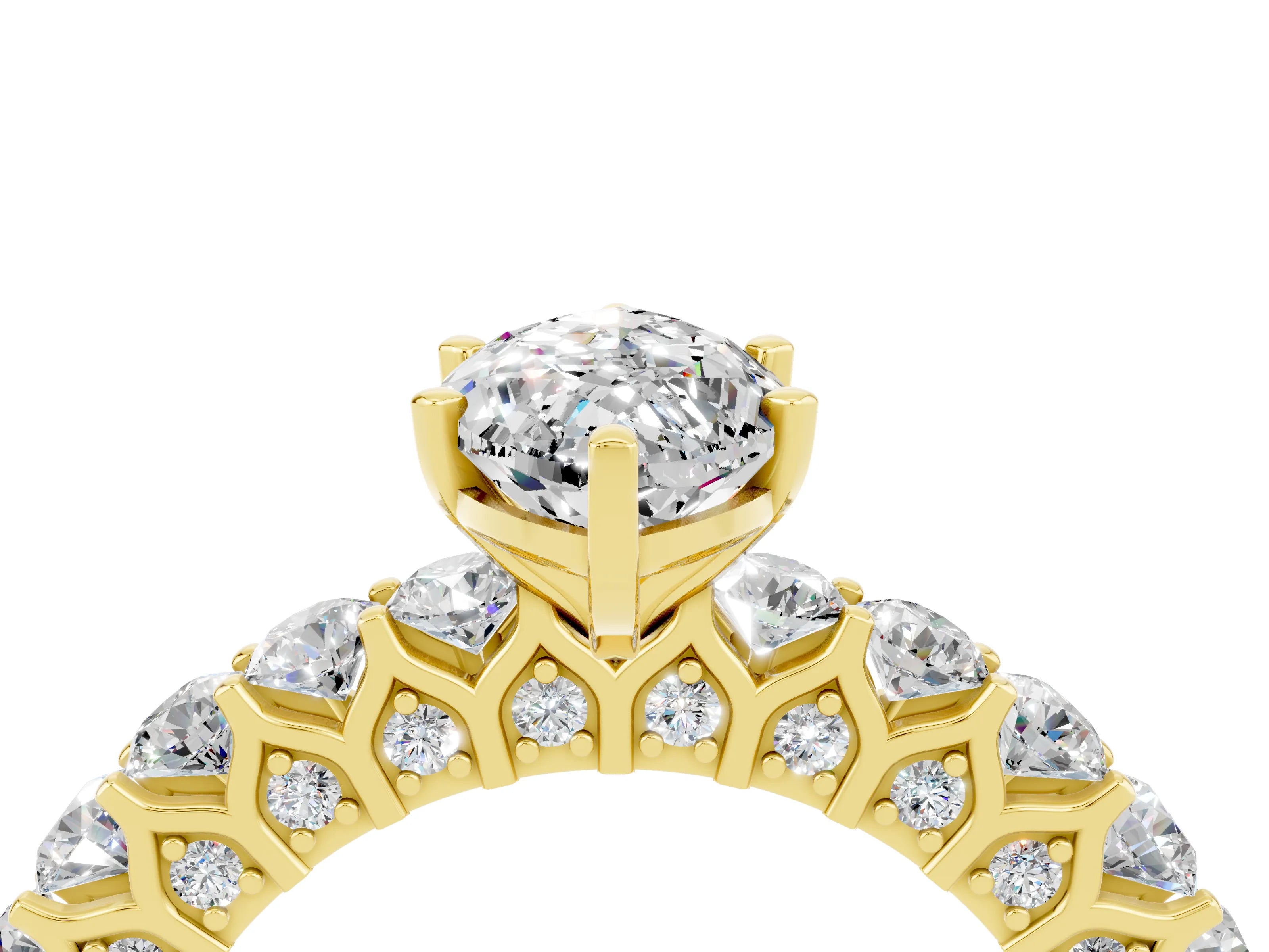 Yellow gold Marquise Cut Moissanite Solitaire Ring with Shared Prong Pavé Band and Four-Prong Setting_4