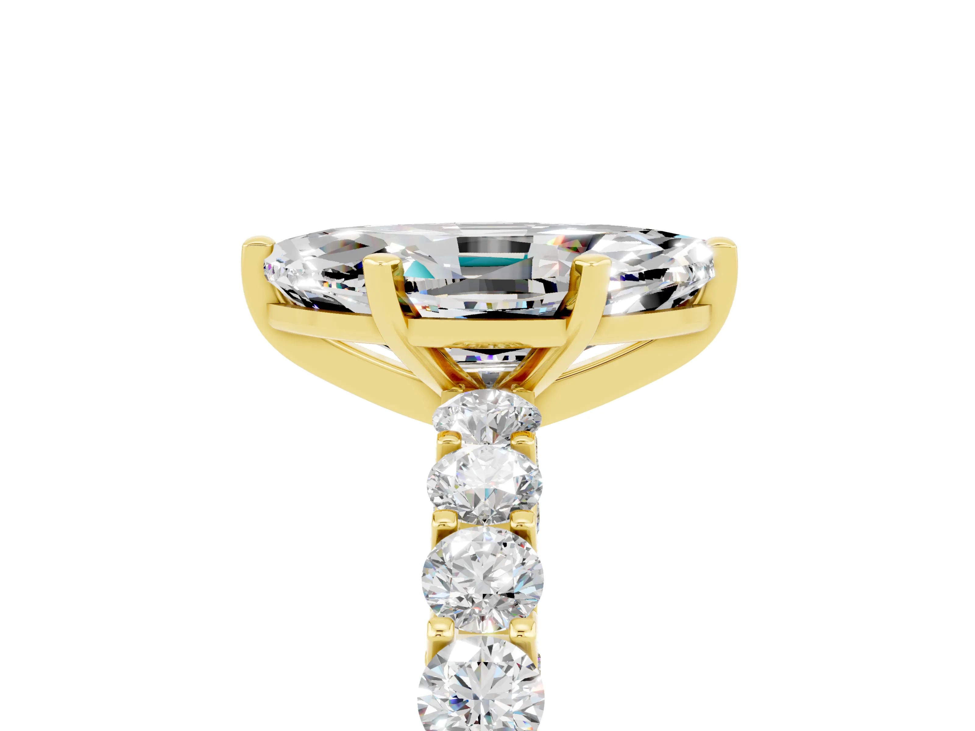 Yellow gold Marquise Cut Moissanite Solitaire Ring with Shared Prong Pavé Band and Four-Prong Setting_5