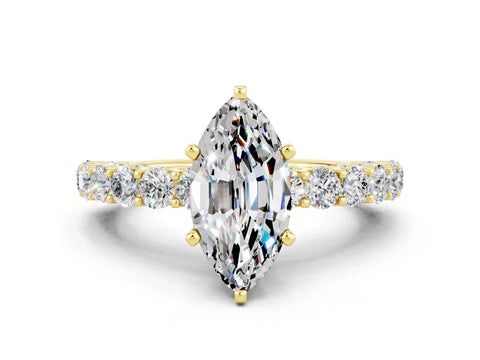 Yellow gold Marquise Cut Moissanite Solitaire Ring with Shared Prong Pavé Band and Four-Prong Setting