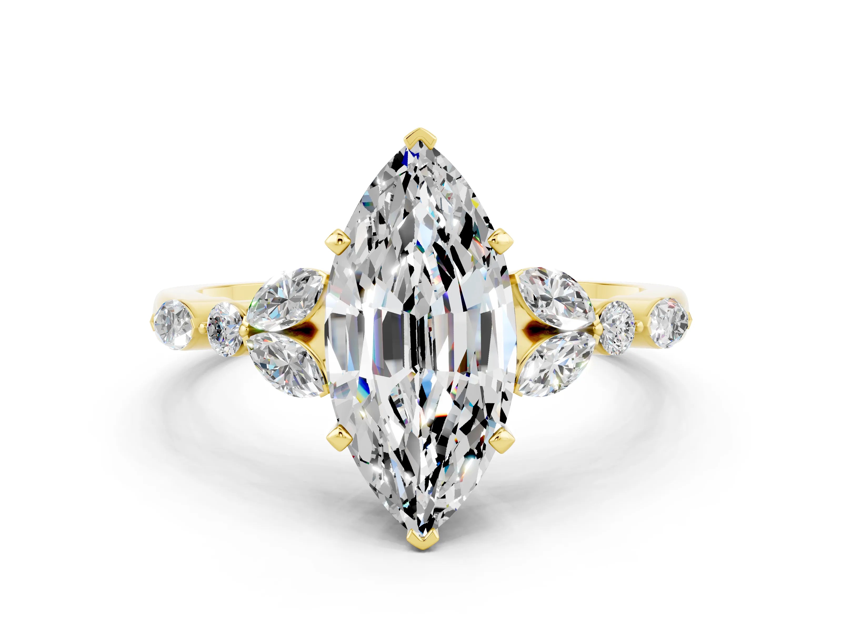 Yellow gold Marquise Cut Moissanite Solitaire Ring with Side Stones and Four-Prong Setting_12