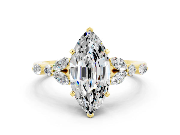 Yellow gold Marquise Cut Moissanite Solitaire Ring with Side Stones and Four-Prong Setting