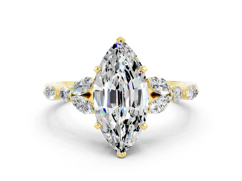 Yellow gold Marquise Cut Moissanite Solitaire Ring with Side Stones and Four-Prong Setting_12
