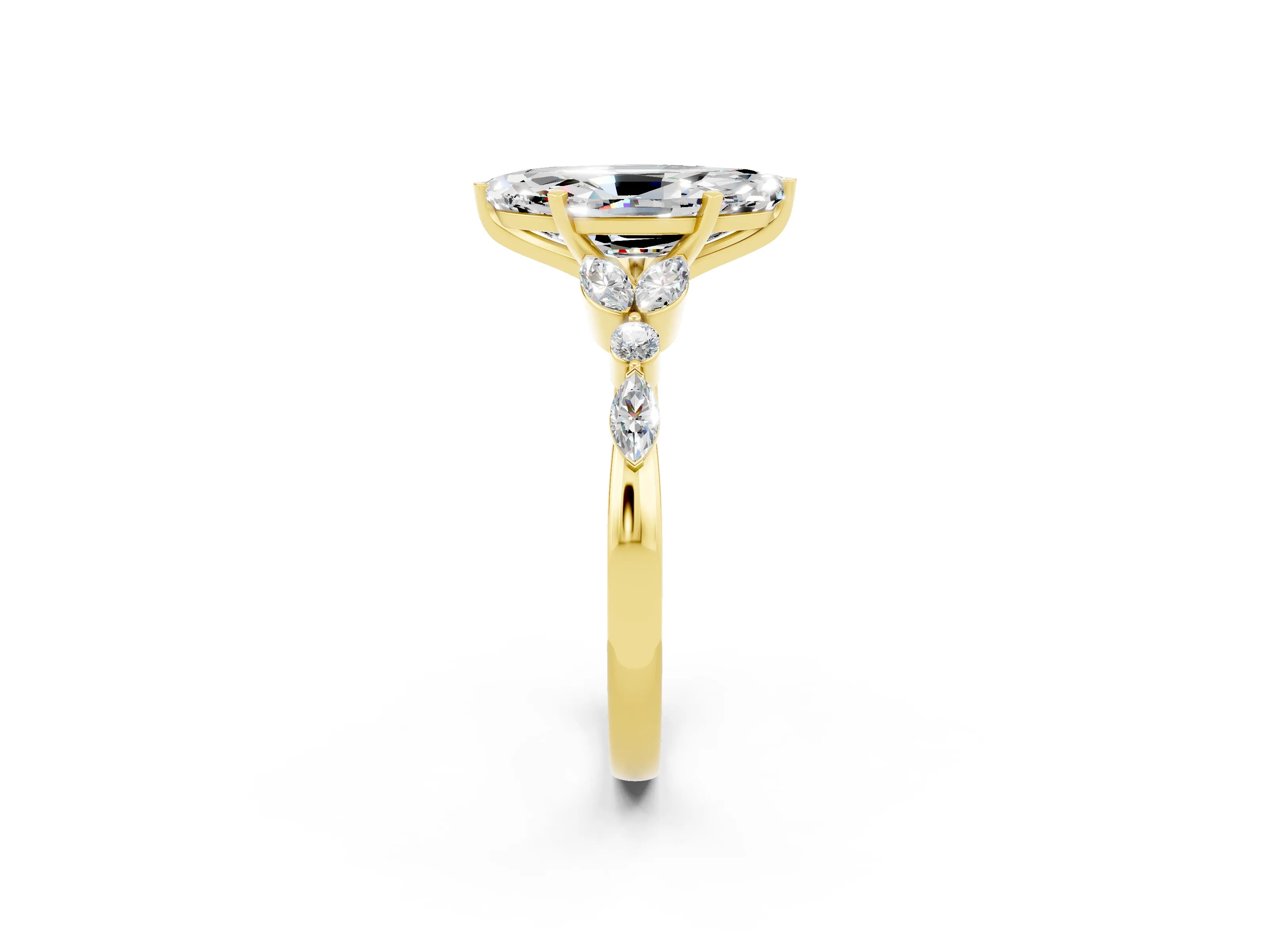 Yellow gold Marquise Cut Moissanite Solitaire Ring with Side Stones and Four-Prong Setting_14