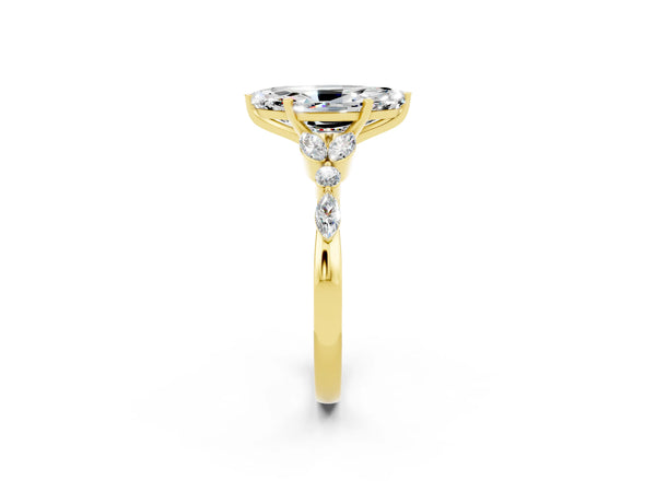 Yellow gold Marquise Cut Moissanite Solitaire Ring with Side Stones and Four-Prong Setting