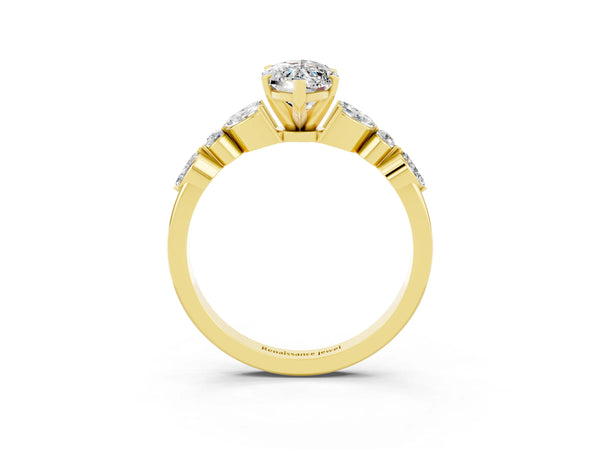 Yellow gold Marquise Cut Moissanite Solitaire Ring with Side Stones and Four-Prong Setting