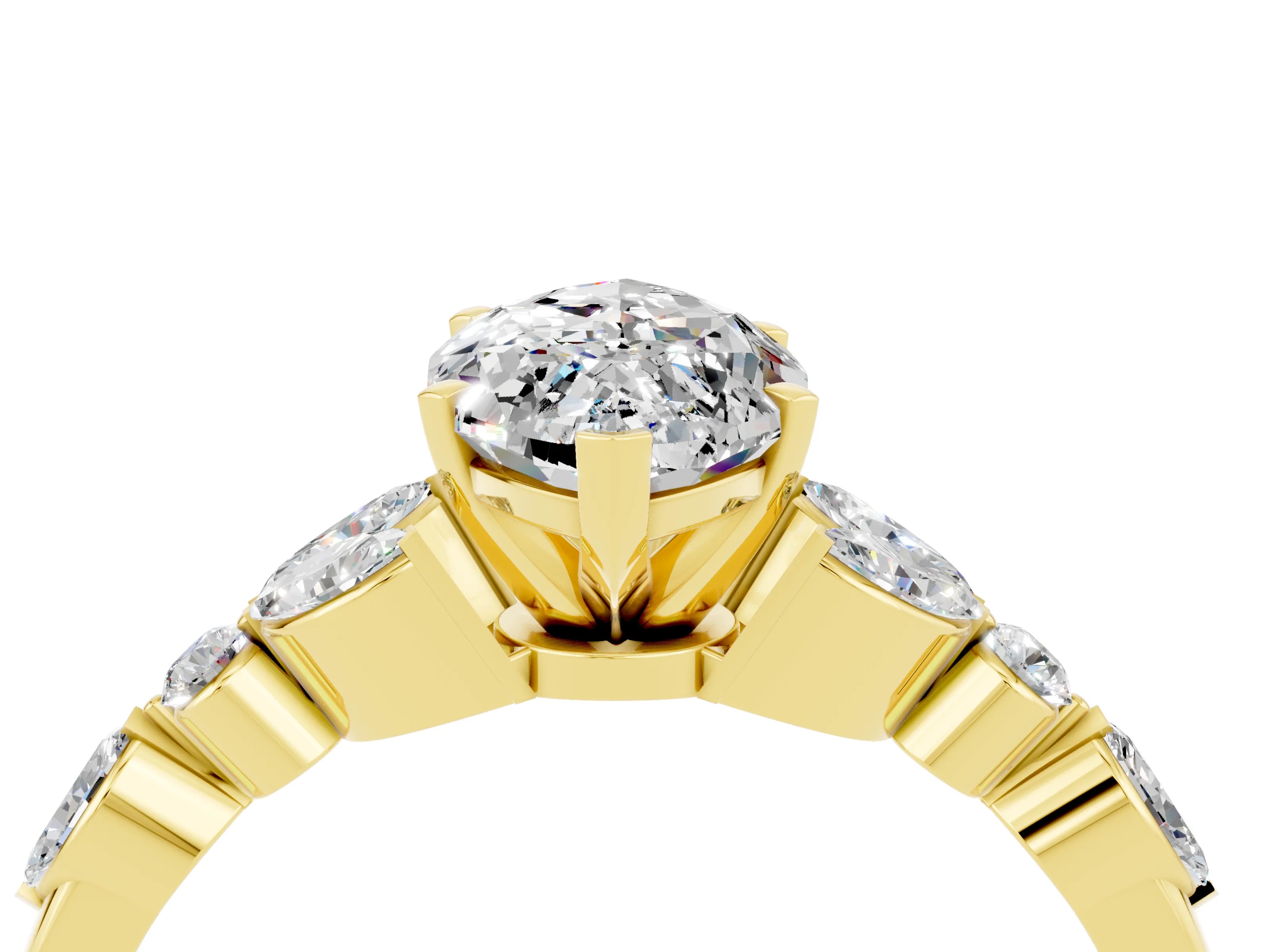 Yellow gold Marquise Cut Moissanite Solitaire Ring with Side Stones and Four-Prong Setting_16