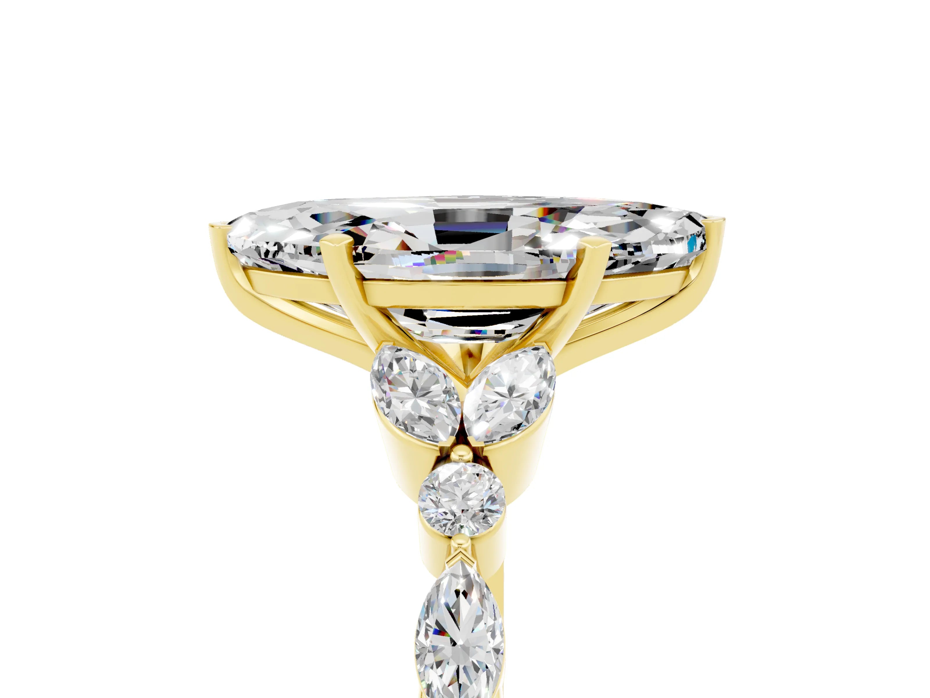Yellow gold Marquise Cut Moissanite Solitaire Ring with Side Stones and Four-Prong Setting_17