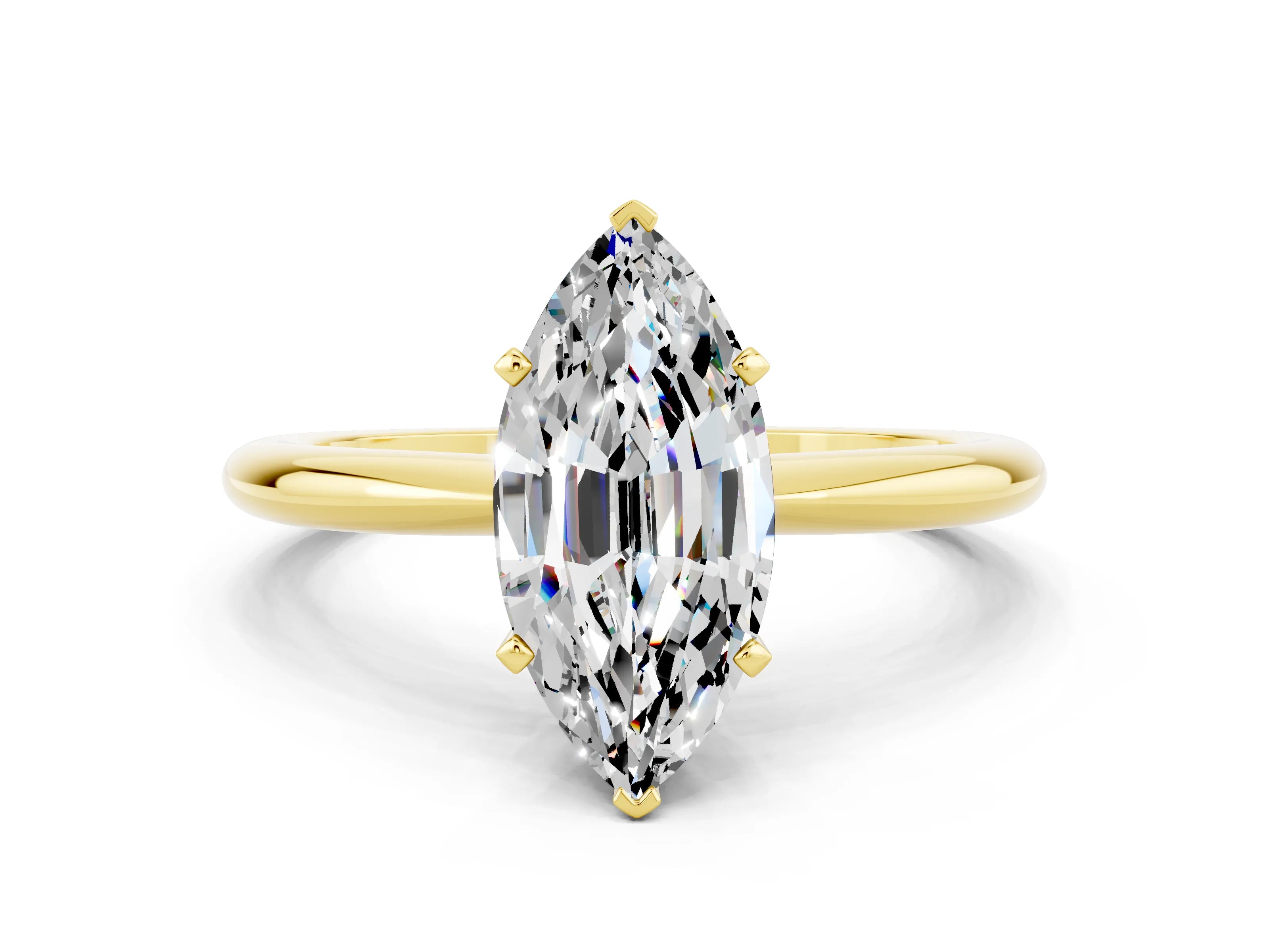 Yellow gold Marquise Cut Moissanite Solitaire Ring with Six-Prong Setting and Classic Band