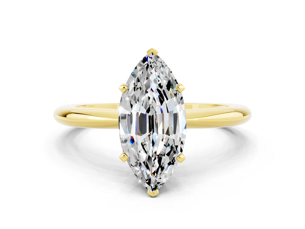 Yellow gold Marquise Cut Moissanite Solitaire Ring with Six-Prong Setting and Classic Band