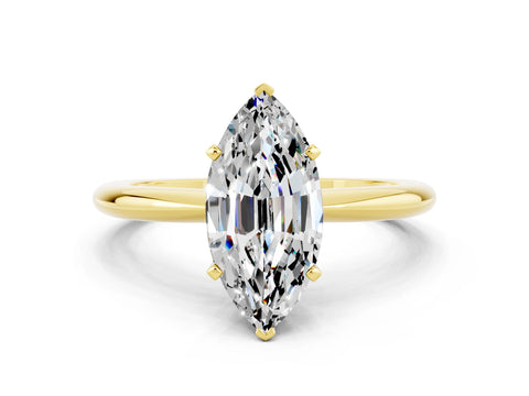 Yellow gold Marquise Cut Moissanite Solitaire Ring with Six-Prong Setting and Classic Band