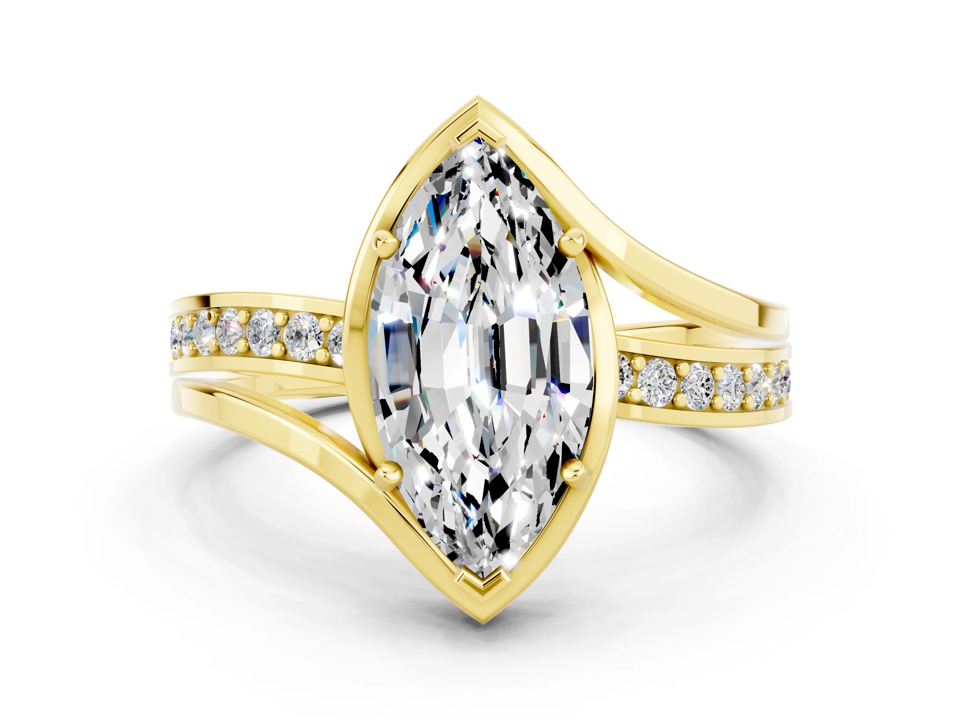 Yellow gold Marquise Cut Moissanite Solitaire Ring with Split Shank and Prong Setting