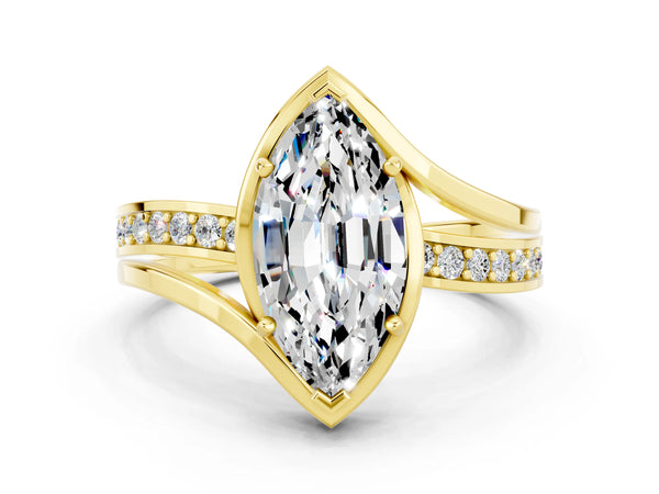 Yellow gold Marquise Cut Moissanite Solitaire Ring with Split Shank and Prong Setting