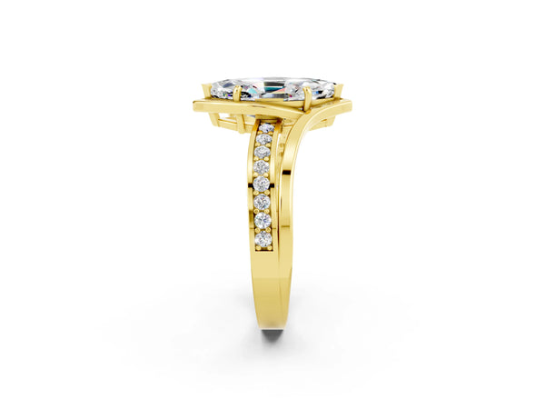 Yellow gold Marquise Cut Moissanite Solitaire Ring with Split Shank and Prong Setting