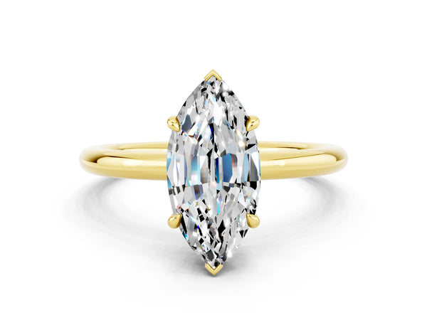 Yellow gold Marquise Cut Moissanite Solitaire Ring with Thin Band and Four-Prong Setting
