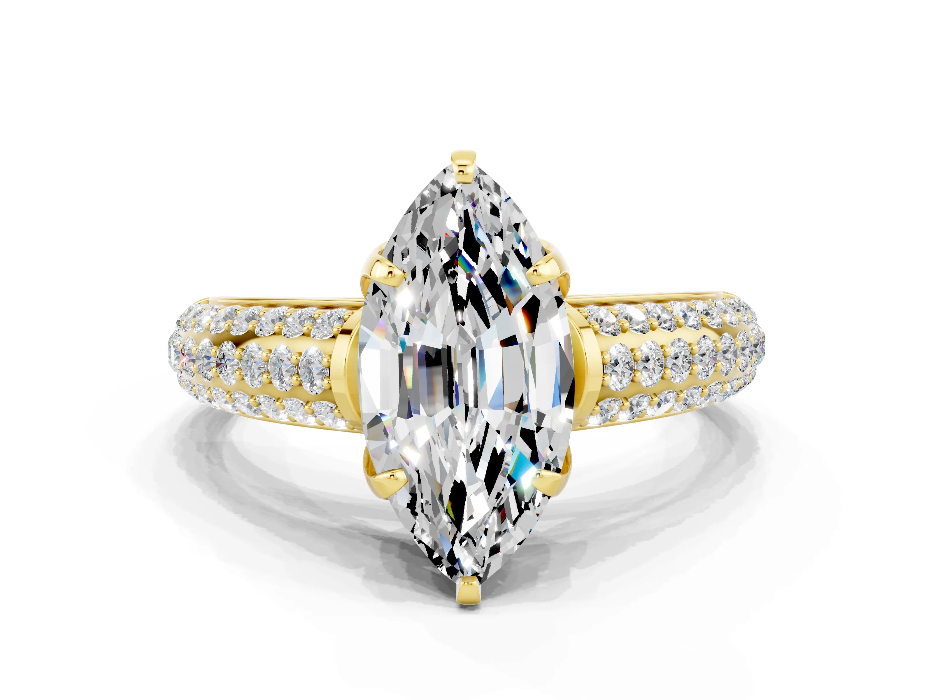 Yellow gold Marquise Cut Moissanite Solitaire Ring with Three-Row Pavé Band and Four-Prong Setting_12