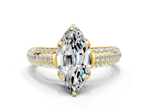 Yellow gold Marquise Cut Moissanite Solitaire Ring with Three-Row Pavé Band and Four-Prong Setting_12