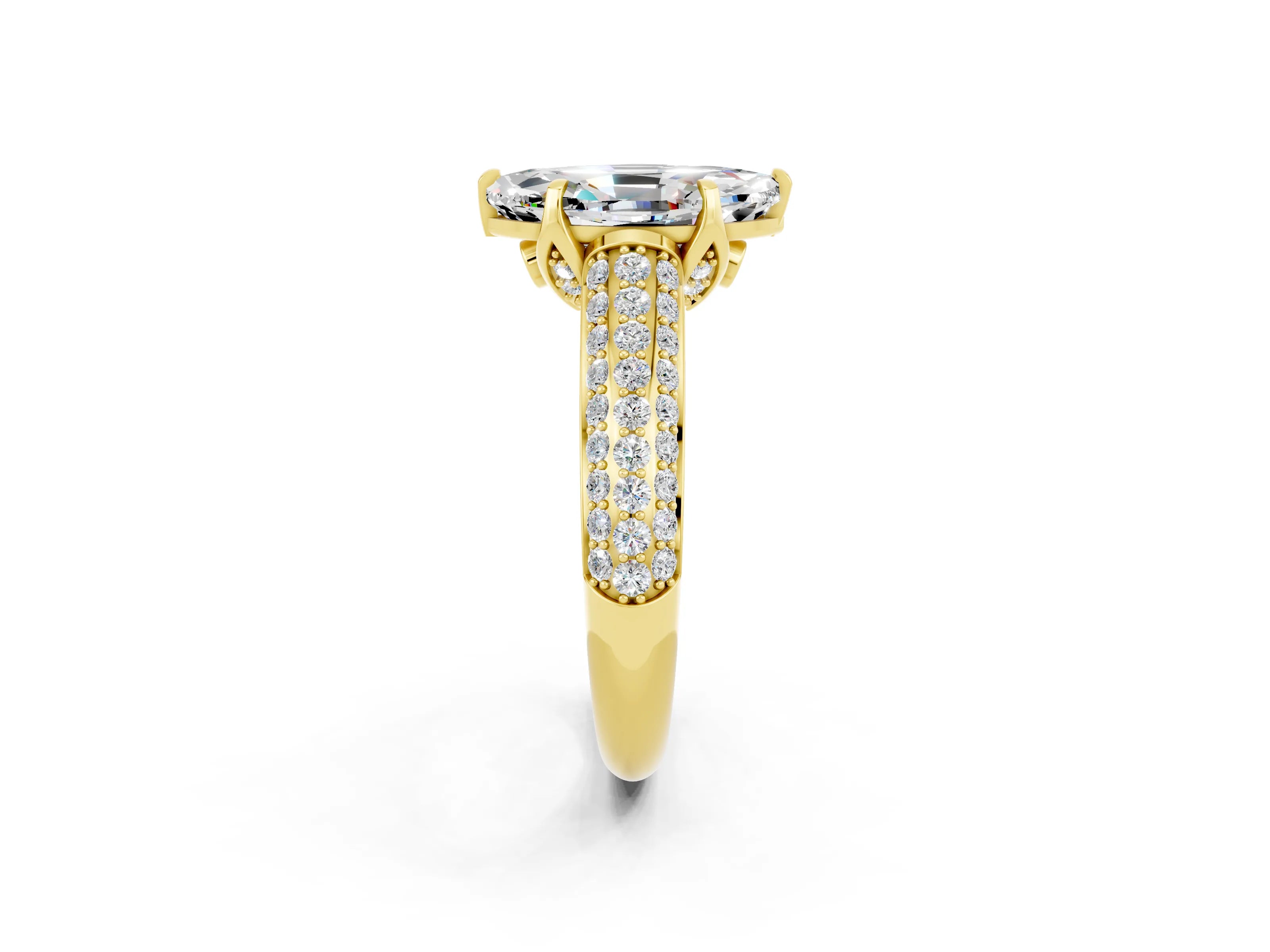 Yellow gold Marquise Cut Moissanite Solitaire Ring with Three-Row Pavé Band and Four-Prong Setting_14