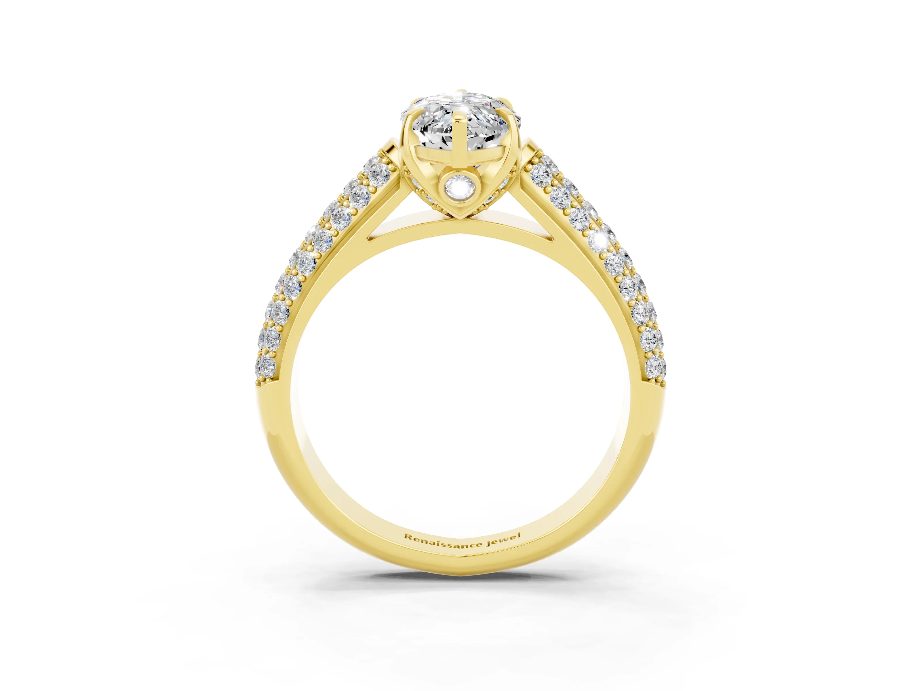 Yellow gold Marquise Cut Moissanite Solitaire Ring with Three-Row Pavé Band and Four-Prong Setting_15