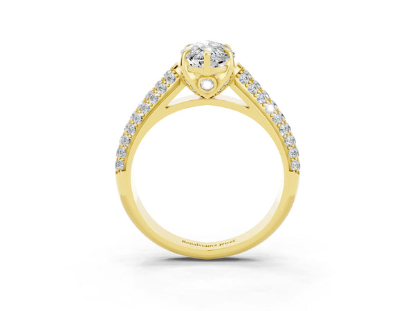 Yellow gold Marquise Cut Moissanite Solitaire Ring with Three-Row Pavé Band and Four-Prong Setting