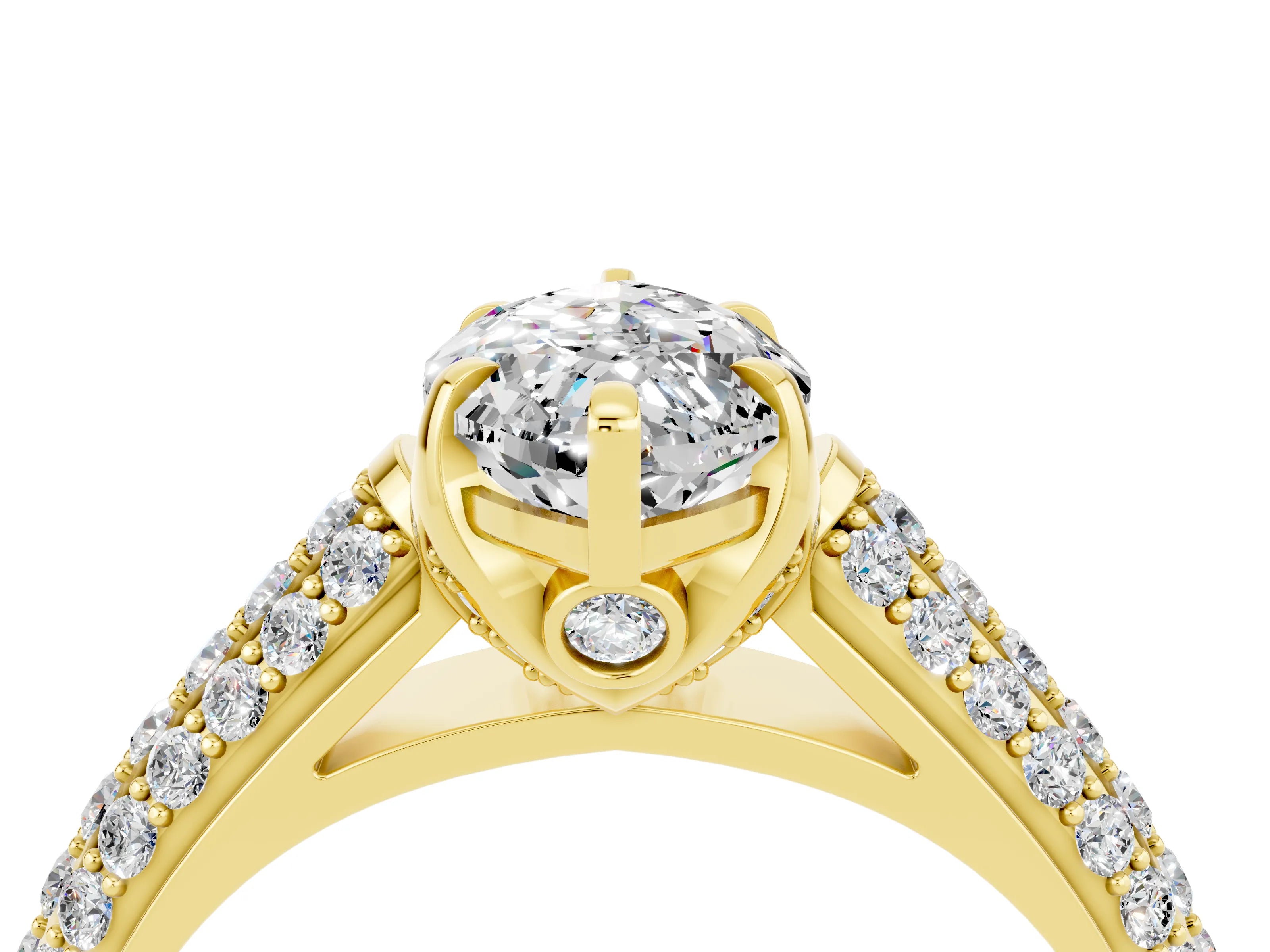 Yellow gold Marquise Cut Moissanite Solitaire Ring with Three-Row Pavé Band and Four-Prong Setting_16