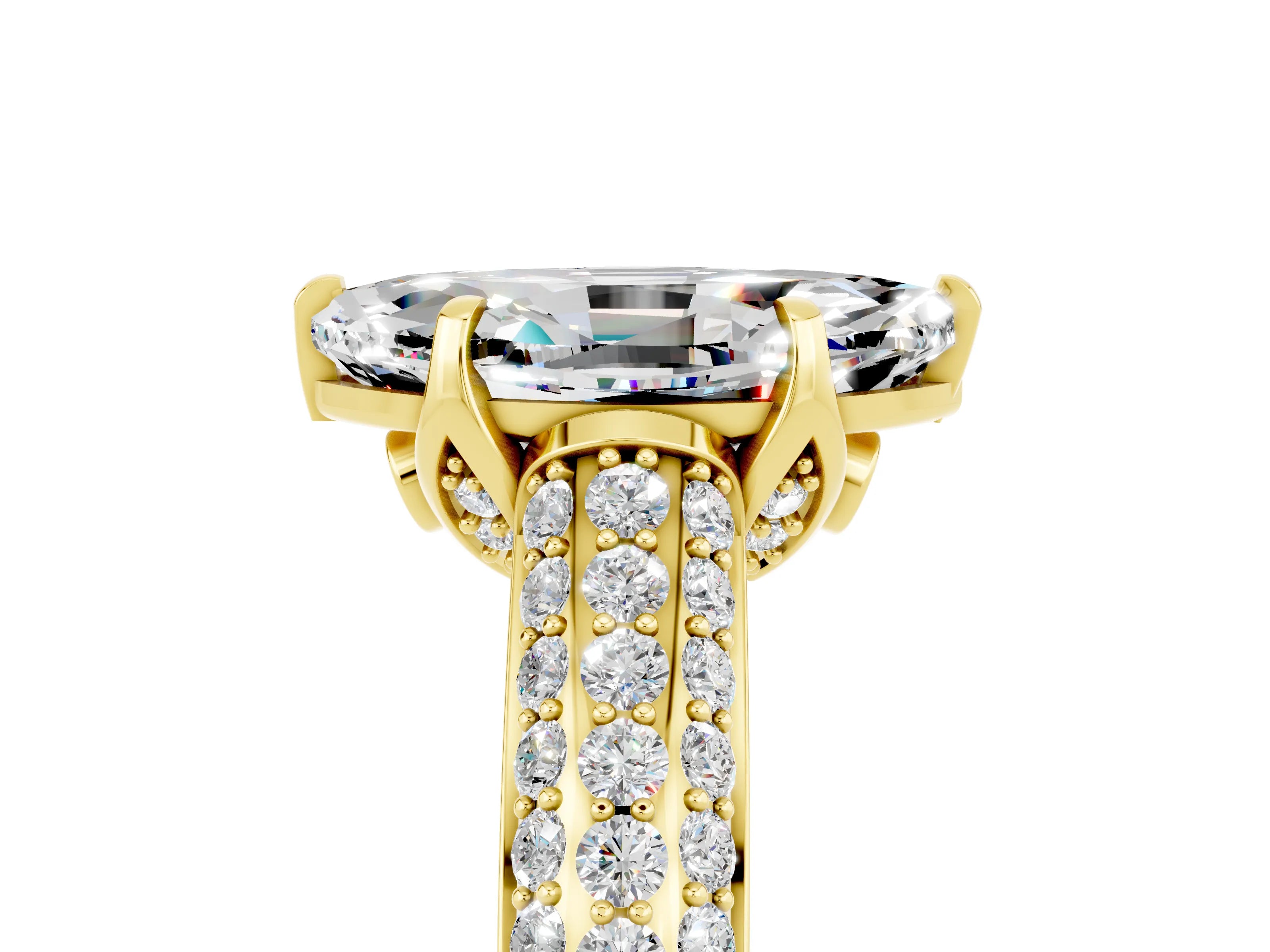 Yellow gold Marquise Cut Moissanite Solitaire Ring with Three-Row Pavé Band and Four-Prong Setting_17