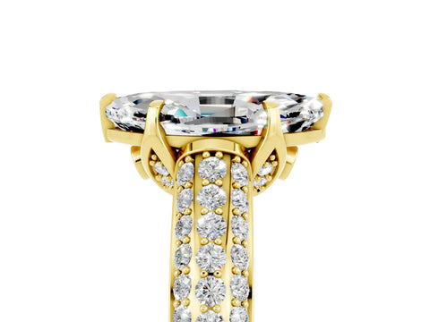 Yellow gold Marquise Cut Moissanite Solitaire Ring with Three-Row Pavé Band and Four-Prong Setting_17